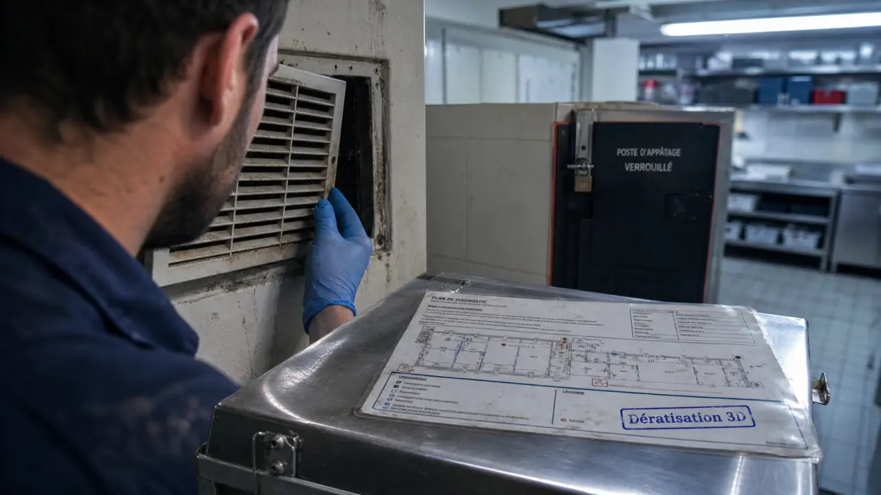 Entreprise 3d dératisation : technicien inspectant une grille murale en local technique