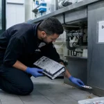 Entreprise cafard : technicien pose des appâts contre les cafards en cuisine professionnelle