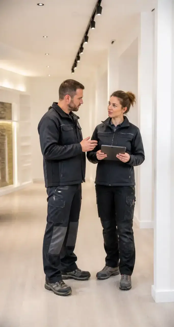 Équipe d'hygiène professionnelle intervenant dans un local commercial en rénovation