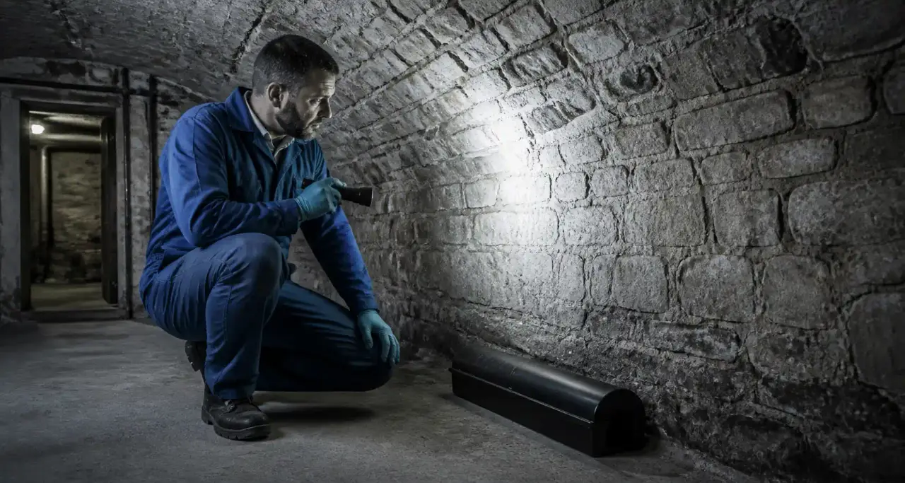 Technicien en bleu de travail inspectant la cave voûtée d'un immeuble parisien avec une lampe, poste d'appâtage sécurisé le long du mur