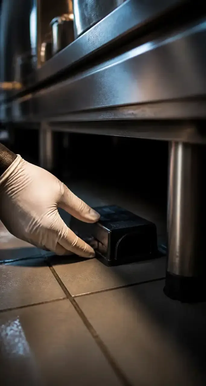Pose d'un piège à nuisibles dans une cuisine professionnelle de restaurant