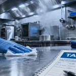 Agence de nettoyage restaurant : gants et lingette sur inox, étiquette TACT