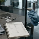 Desinfection locaux : lingette sur poignée de porte, surfaces à traiter