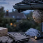 Detruire nid de guepe la nuit : gants, lampe, nid sous gouttière