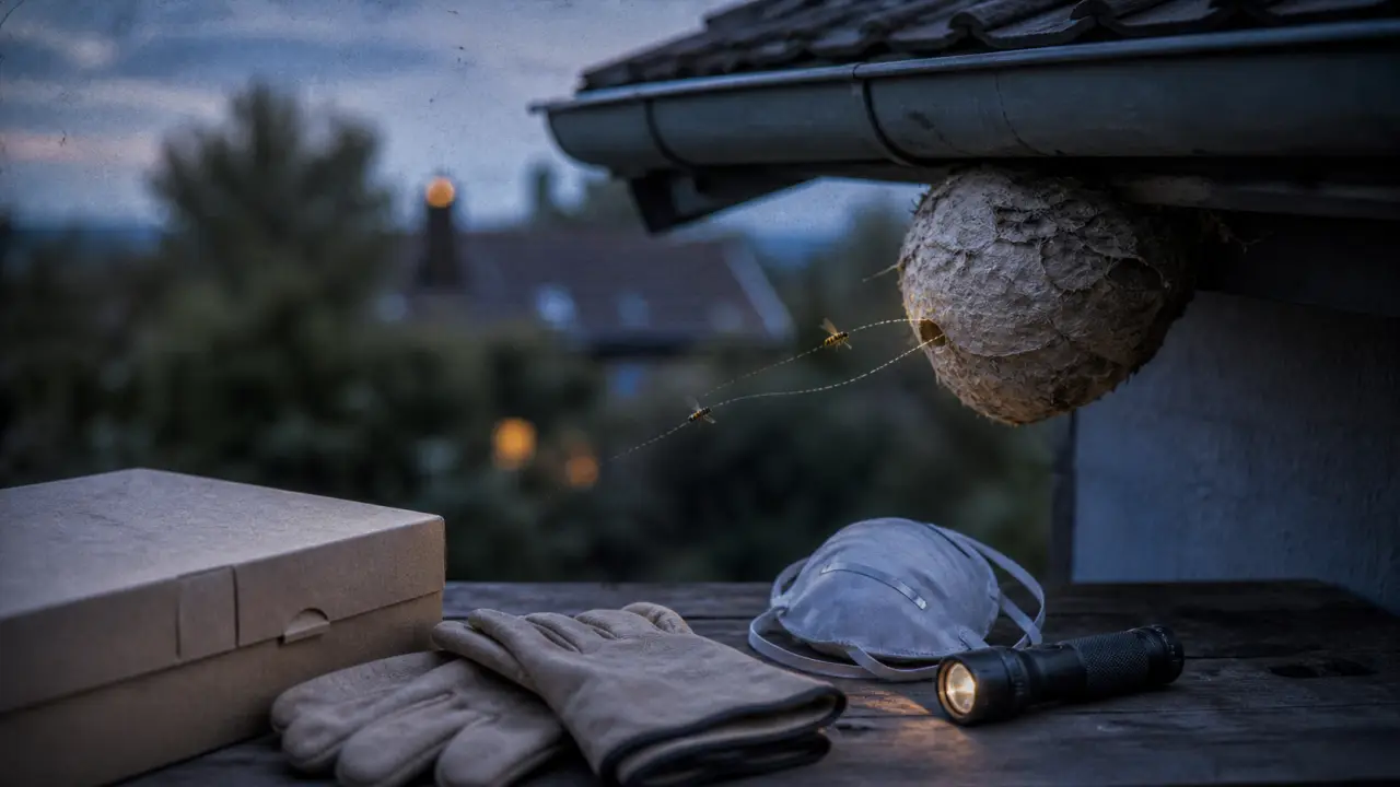 Detruire nid de guepe la nuit : gants, lampe, nid sous gouttière