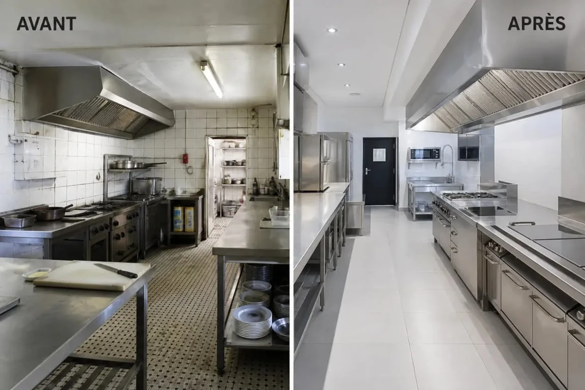 Rénovation cuisine professionnelle : avant/après d’une cuisine de restaurant modernisée avec surfaces hygiéniques et éclairage technique