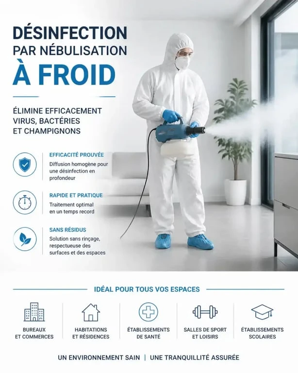 Technicien d'une société de désinfection utilisant un nébuliseur professionnel pour une décontamination certifiée