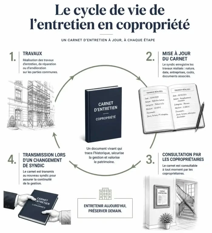 Infographie du cycle de gestion de l'entretien en copropriété