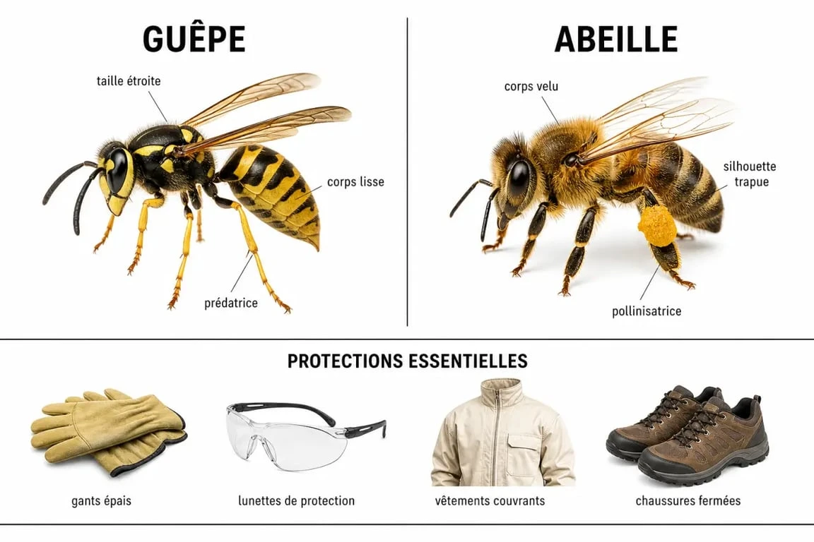 Détruire nid de guêpe : différence entre guêpes et abeilles avec protections essentielles