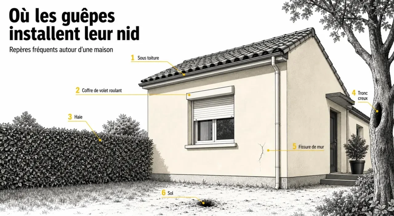 Détruire nid de guêpe : repérer les emplacements fréquents autour de la maison