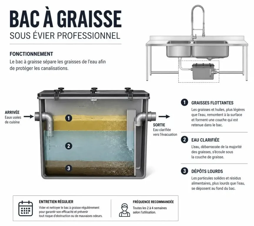 Schéma de fonctionnement d'un bac à graisse pour restaurant