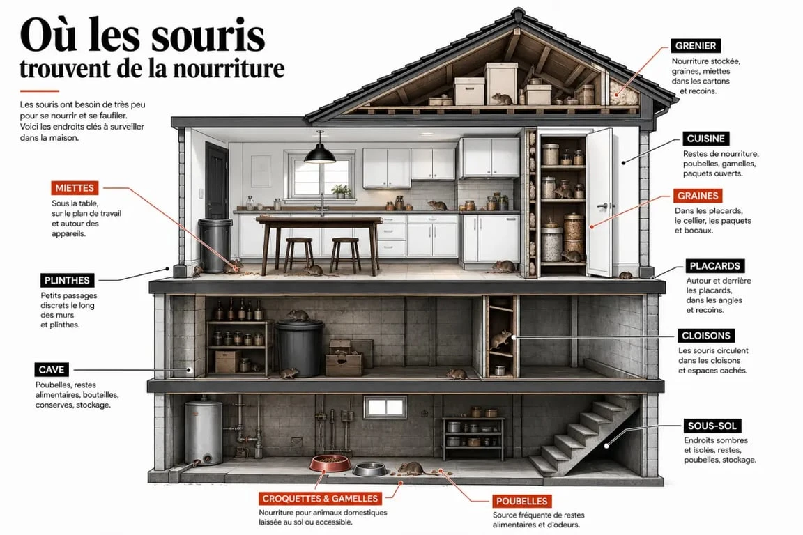 Que mange les souris dans les murs : maison en coupe montrant les zones de nourriture et de passage