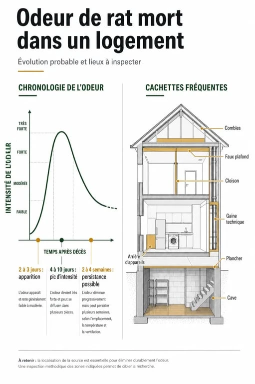 Rat mort odeur : infographie des cachettes fréquentes et de la durée des mauvaises odeurs dans un logement