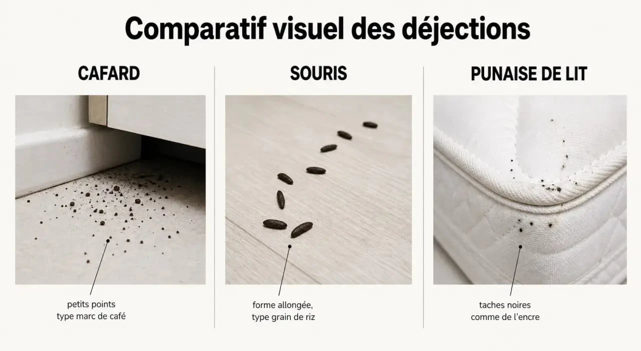 Déjection cafard : comparatif visuel entre crottes de cafard, de souris et de punaise de lit