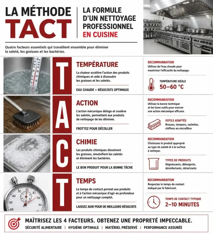 Infographie expliquant la méthode TACT utilisée par une agence de nettoyage restaurant pour garantir l'hygiène