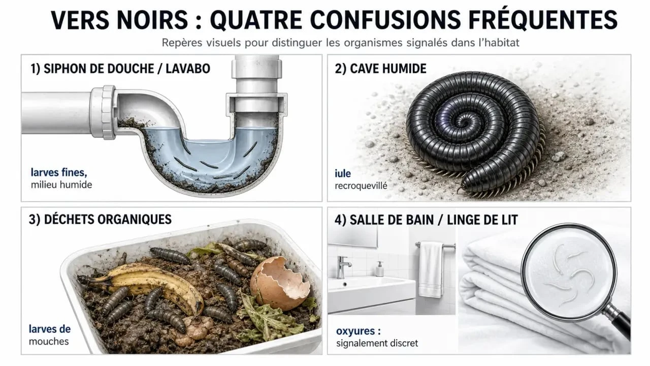 Vers noirs : comparaison visuelle des larves de canalisations, iules, larves de mouches et oxyures