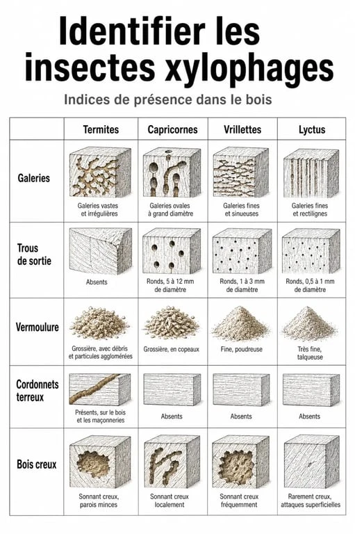 Diagnostic insectes xylophages : comparaison des signes entre termites, capricornes, vrillettes et lyctus
