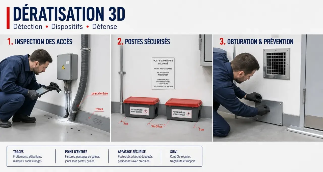 3d dératisation : illustration éditoriale d’un technicien inspectant un local et mettant en place un traitement anti-rongeurs