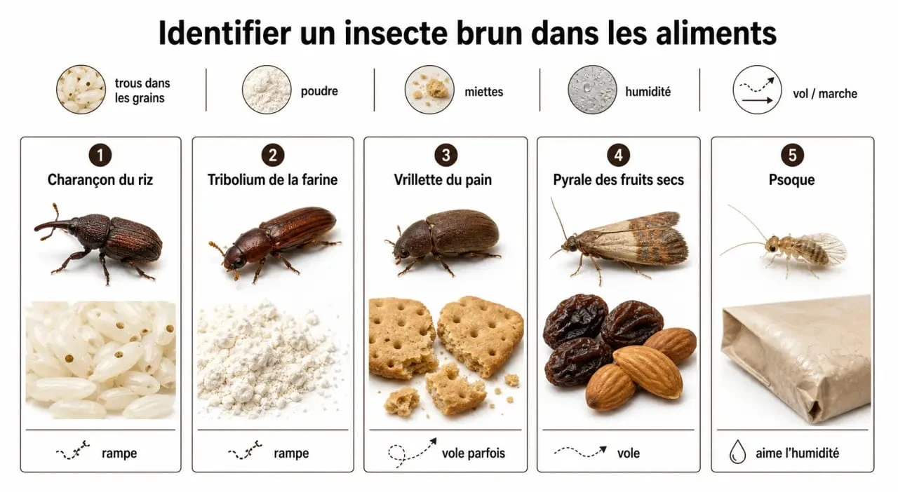 marron insecte alimentaire : visuel comparatif pour identifier un petit insecte brun dans la cuisine
