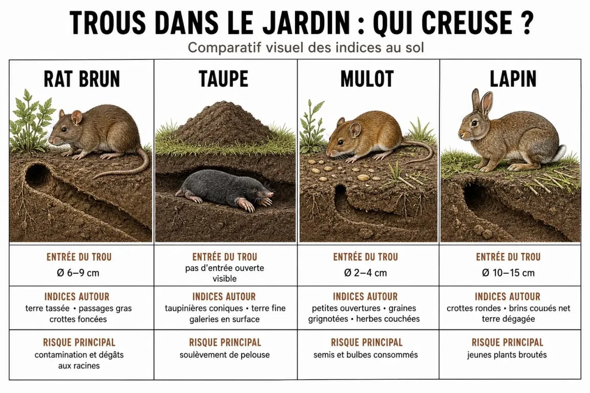 Terriers rats : comparatif visuel pour différencier rat, taupe, mulot et lapin dans un jardin