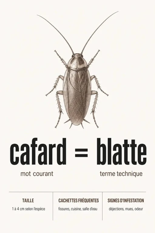 Cafards blattes difference : visuel comparatif montrant que cafard et blatte désignent le même insecte