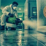 Société de désinfection : technicien en combinaison avec nébulisateur à froid sur sol carrelé