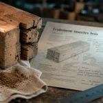 Traitement insectes bois : trou et sciure frass sur poutre en bois