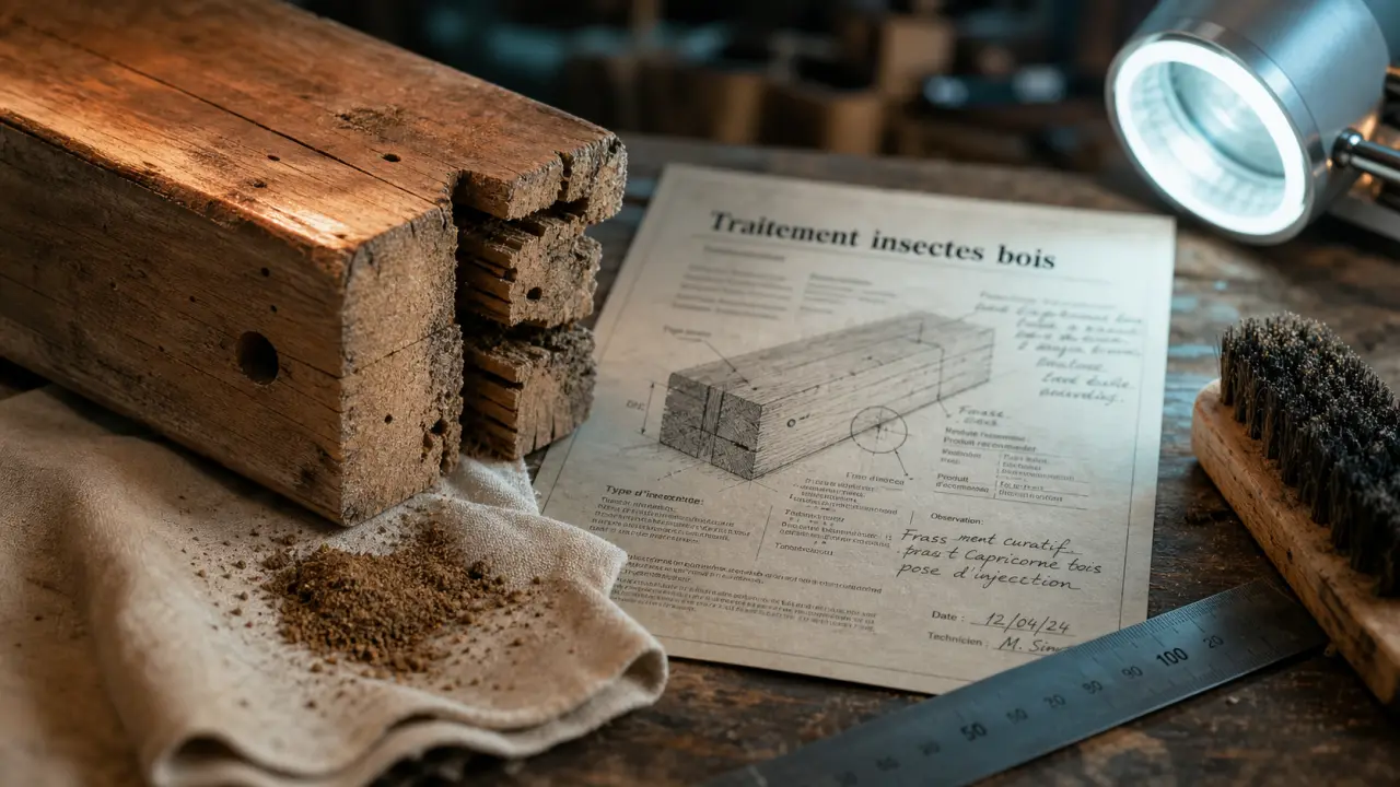 Traitement insectes bois : trou et sciure frass sur poutre en bois