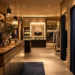 Agencement intérieur commercial d’un concept store fluide, vue depuis l’entrée