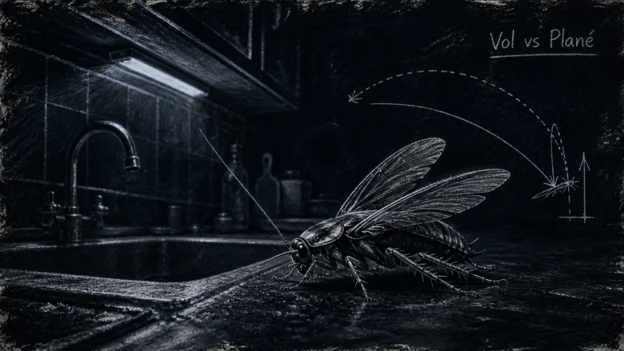 Photo d’une blatte volante près d’un évier, cuisine sombre de nuit