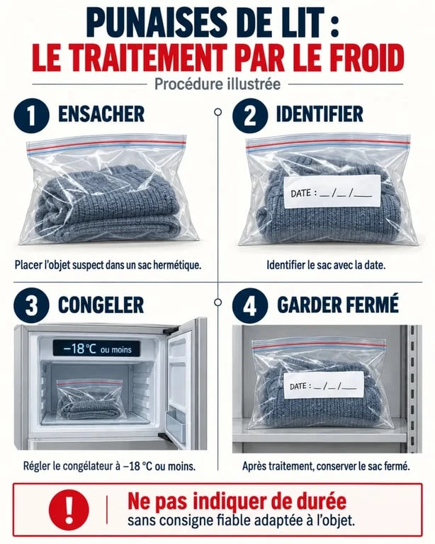 Traitement des punaises de lit par le froid avec sac hermétique et congélateur à -18 °C
