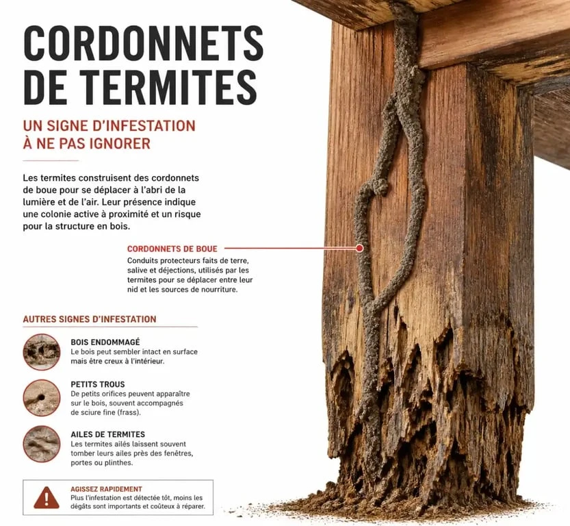 Signes d'infestation de termites avec tubes de boue sur le bois