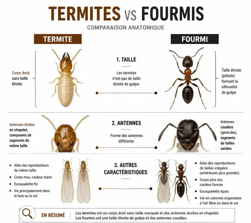 Différence anatomique entre termite et fourmi pour identifier une infestation