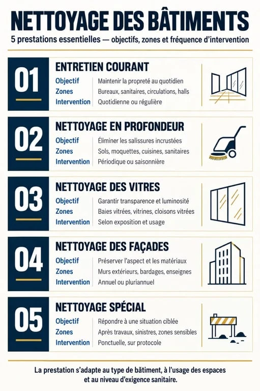 Infographie des cinq types de nettoyage des batiments et de leurs objectifs