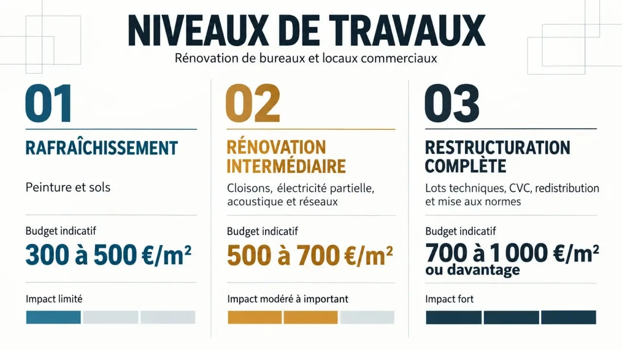 Travaux de rénovation de bureaux et de locaux commerciaux : comparaison des niveaux de travaux et budgets au m²