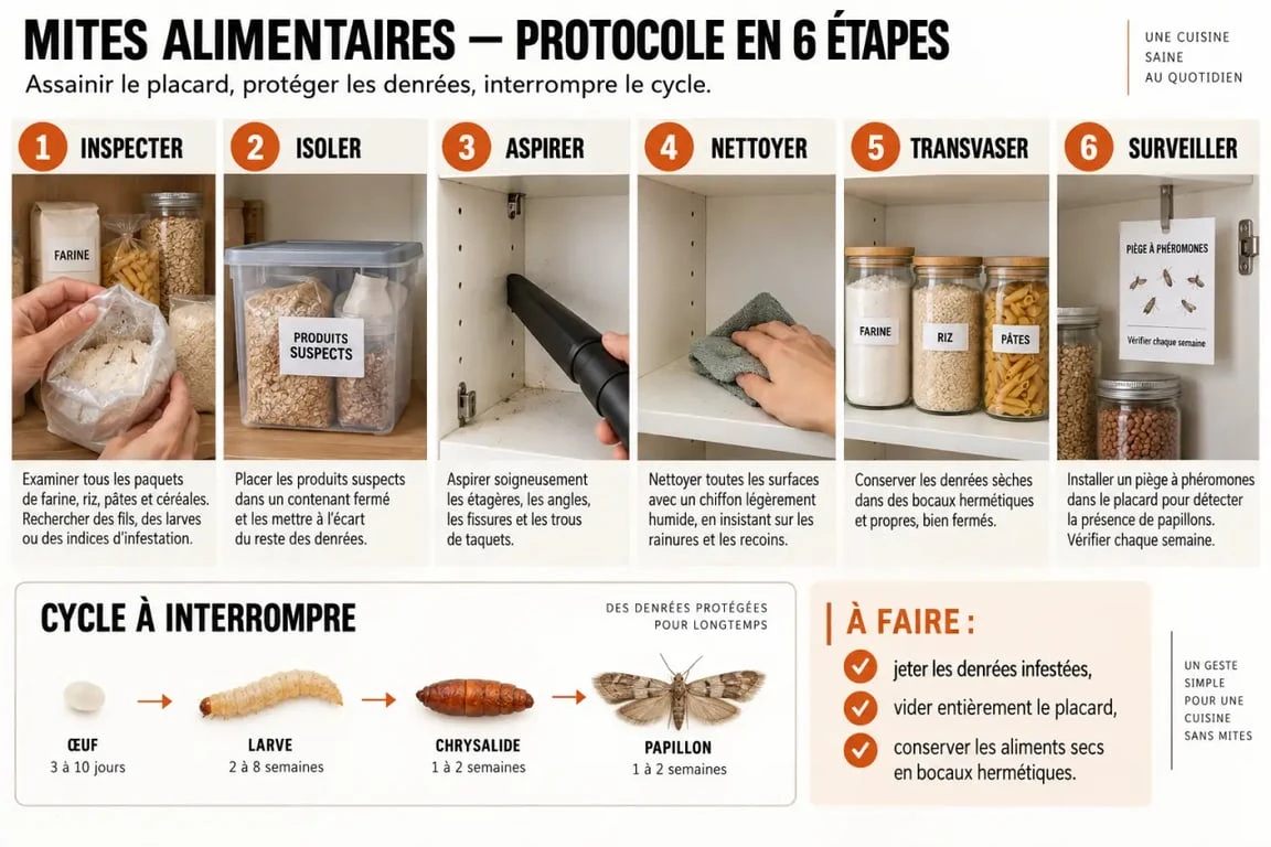 Infographie pour éliminer des mites alimentaires : inspection, nettoyage et stockage hermétique
