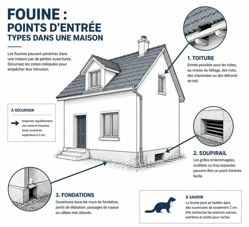 Schéma des points d'entrée d'une fouine dans une habitation pour le piégeage et la protection
