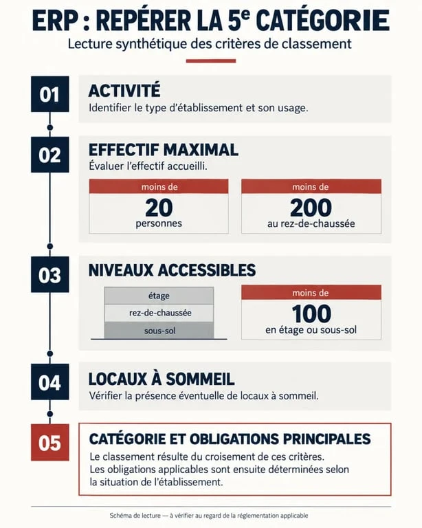 Infographie sur le classement d’un ERP 5ème catégorie selon l’activité, l’effectif et les locaux à sommeil