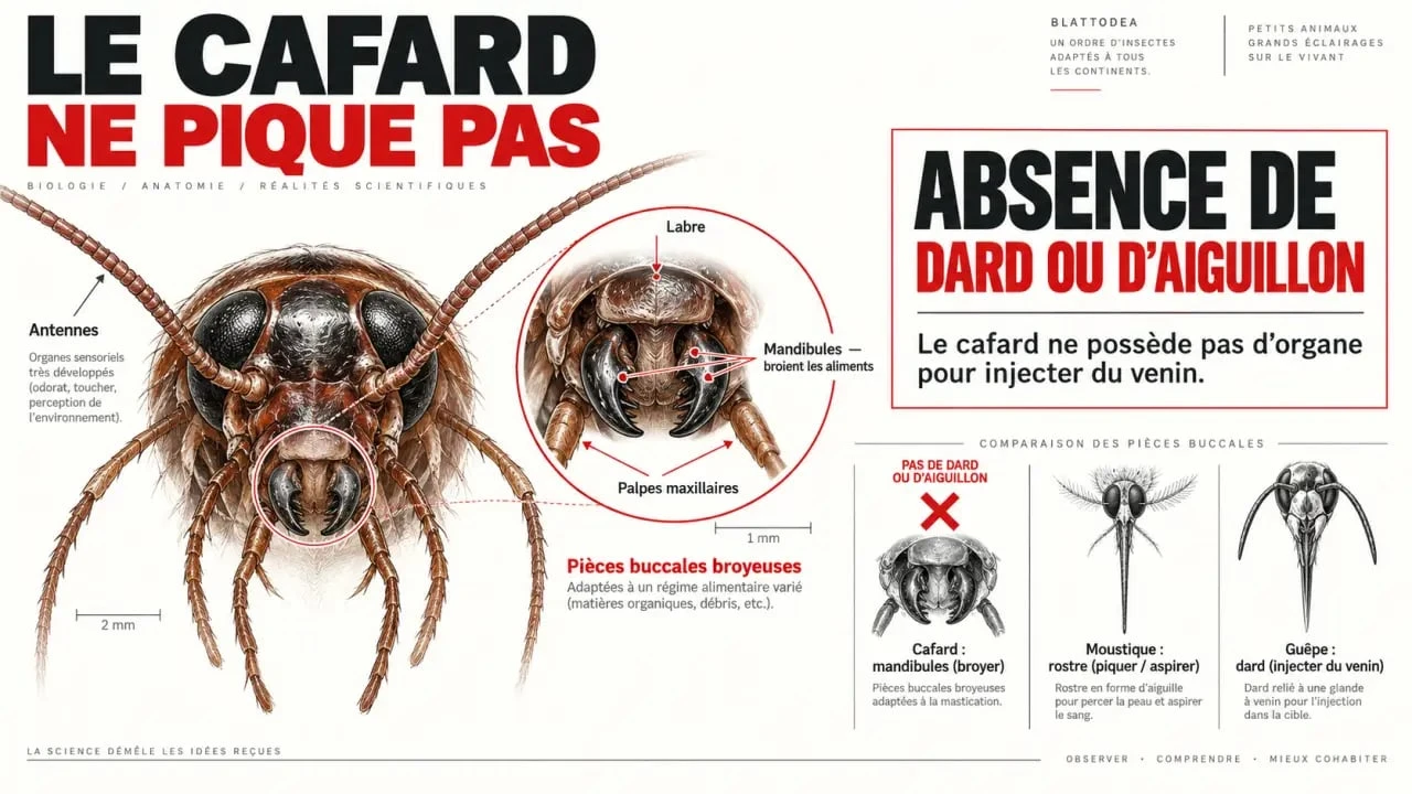 Est-ce que les cafards piquent : schéma des mandibules et de l’absence de dard