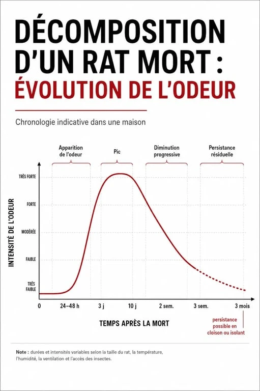 Temps de décomposition rat mort : chronologie visuelle des phases et de l’odeur dans une maison