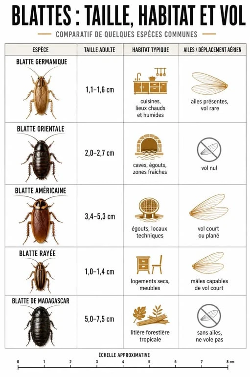 Infographie comparative sur la blatte volante et les espèces de blattes capables de voler ou de planer