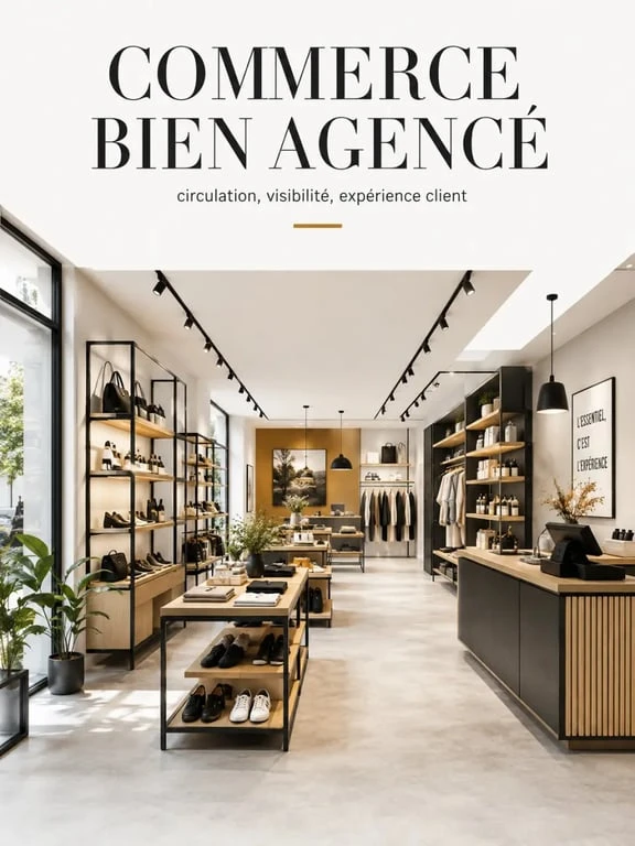 Agencement intérieur commercial d’une boutique contemporaine avec circulation fluide et mobilier optimisé