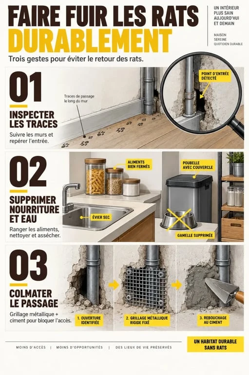 Illustration des étapes pour faire fuir des rats : inspection, suppression des attractifs et colmatage des accès