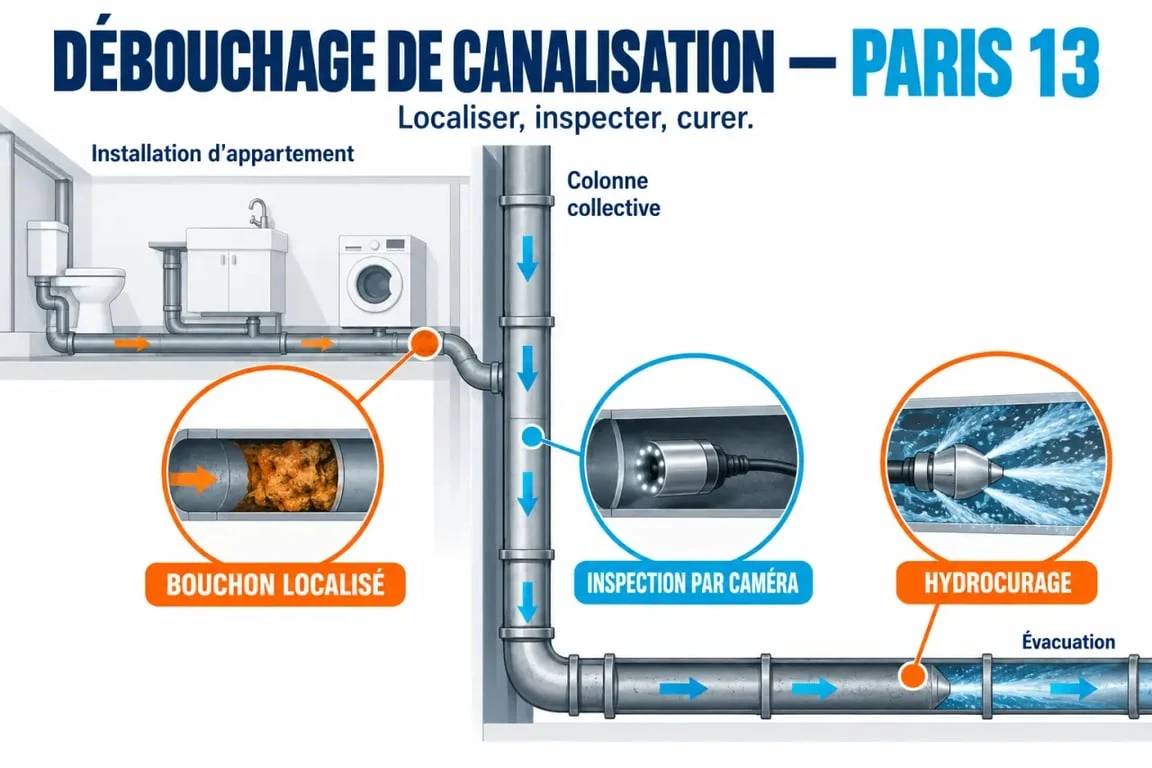 Schéma de débouchage de canalisation à Paris 13 avec caméra et hydrocurage