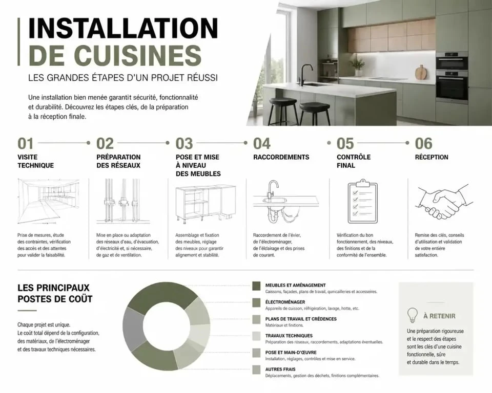 Infographie sur l'installation de cuisines, ses étapes et ses principaux postes de coût