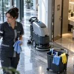 Nettoyage des batiments : raclette et autolaveuse pour vitres et sols, hall de bureaux