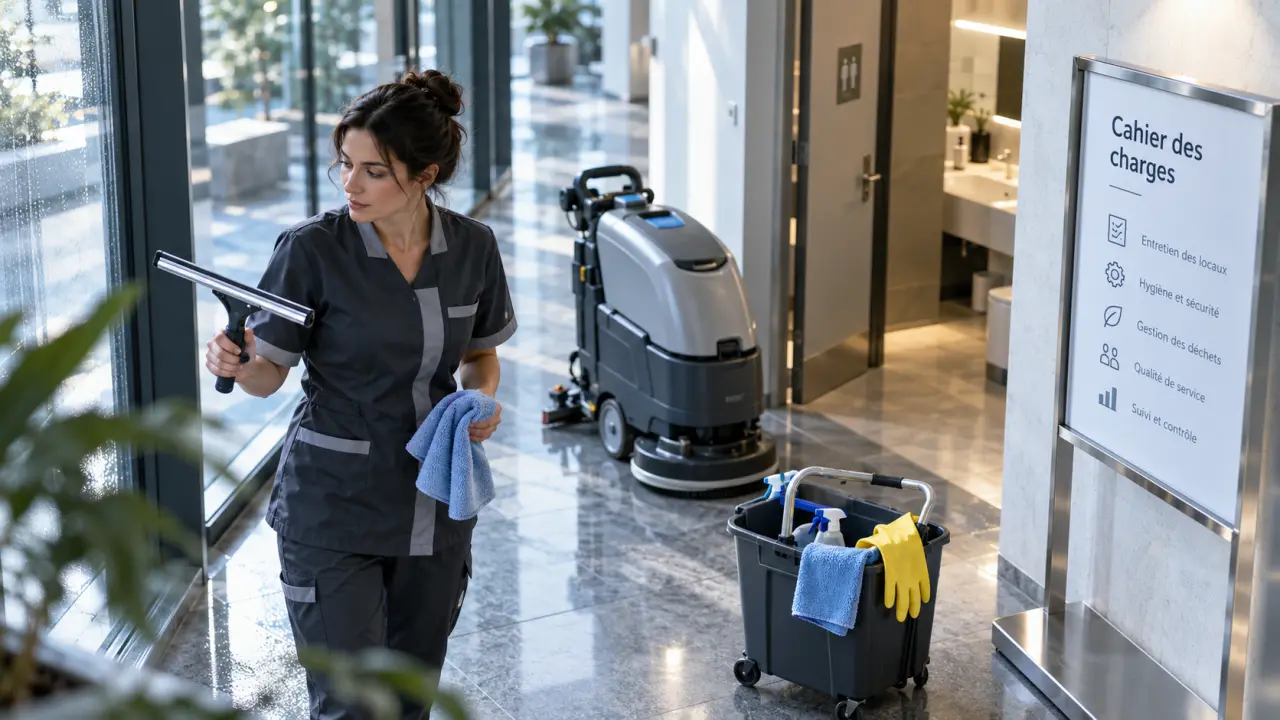 Nettoyage des batiments : raclette et autolaveuse pour vitres et sols, hall de bureaux