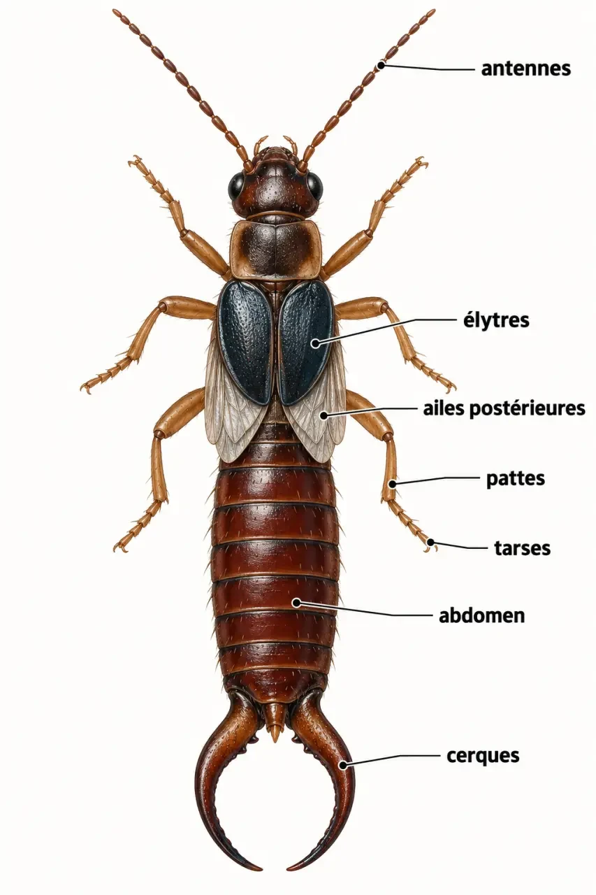 Schéma annoté de la morphologie des dermaptères avec cerques, élytres, ailes et antennes