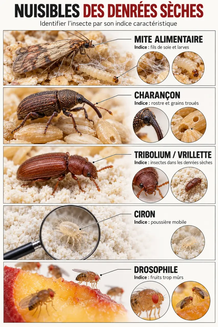 Insecte dans cuisine : planche comparative des mites alimentaires, charançons, cirons et drosophiles