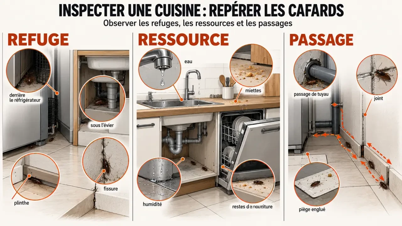 Inspection des refuges d’une infestation de larve de cafard dans une cuisine